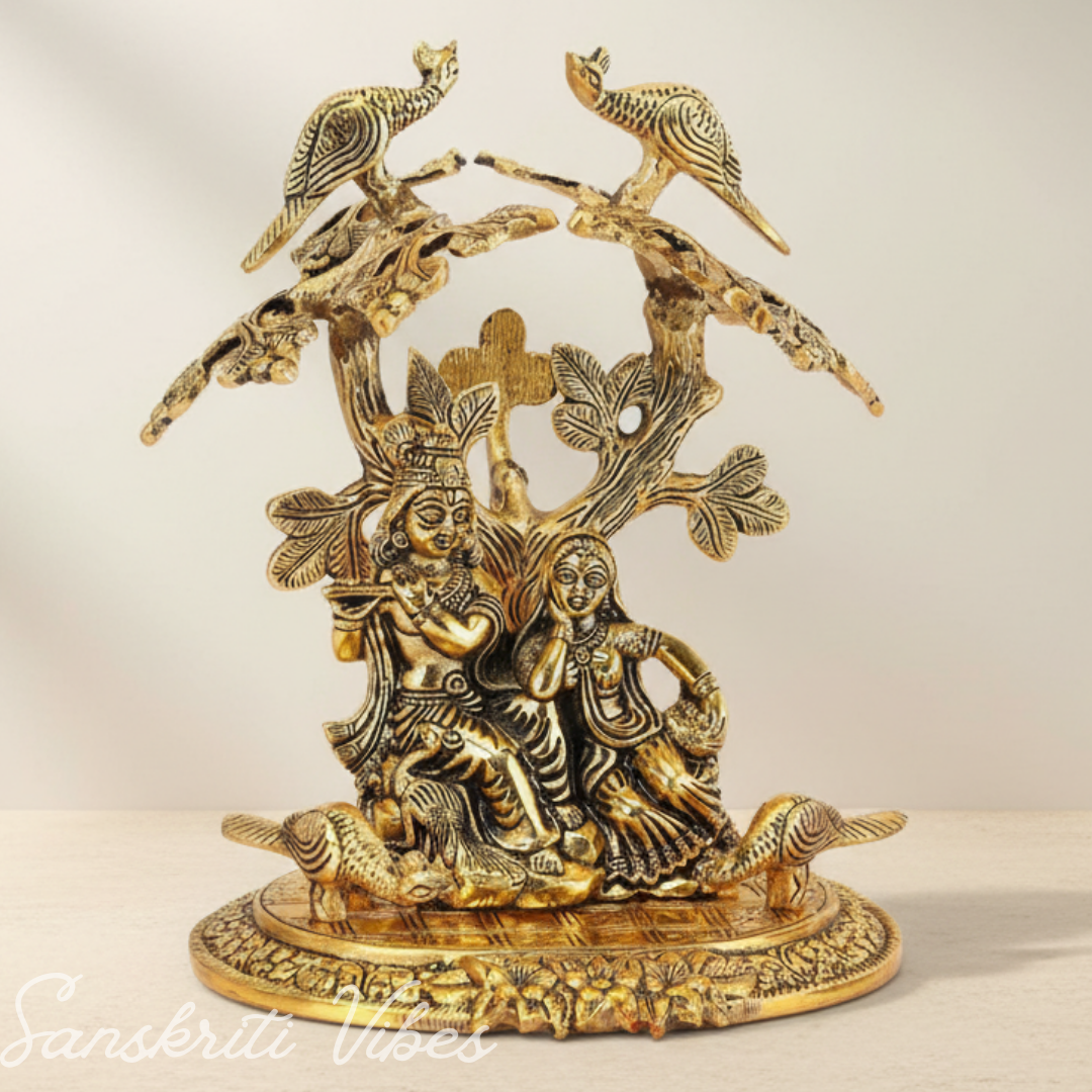 Radha Krishna Sitting Under Tree with Flute | Gold-Plated Aluminium Showpiece Idol for Home Décor & Gifting - Retail Maharaj