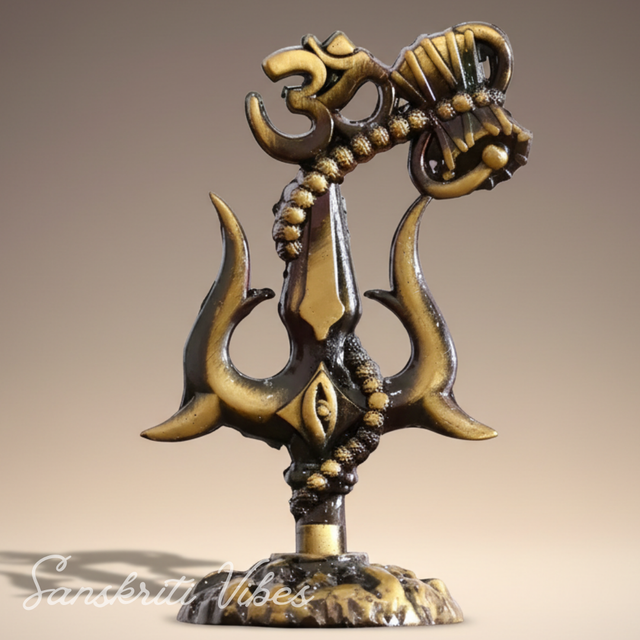 Metal Shiv Shakti Trishul with Damru Om Rudraksha Symbol Statue for Home Decor Puja Mandir Temple Vastu Spiritual Showpiece 9.5 cm - Retail Maharaj