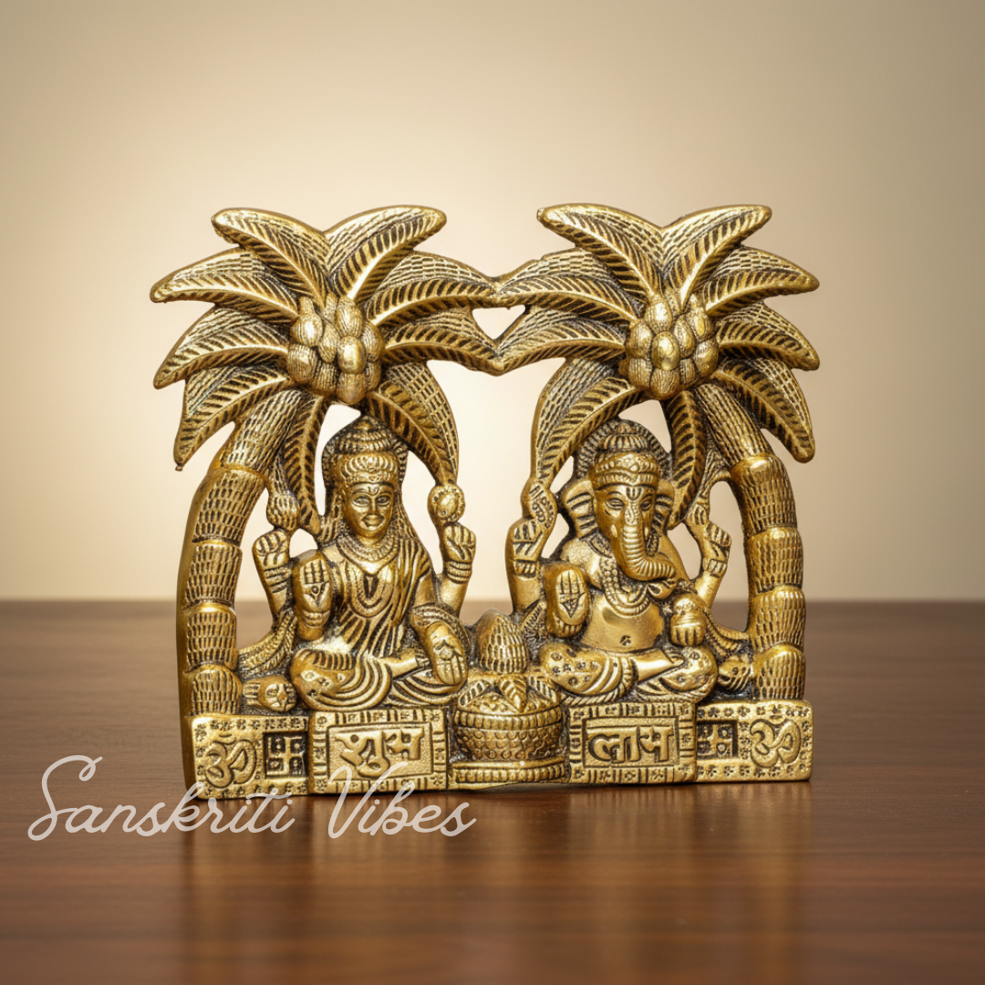 Metal Laxmi Ganesha Statue Under Tree Unique And One Of A Kind Rare Handcrafted For Pooja Decor Your Home - Retail Maharaj