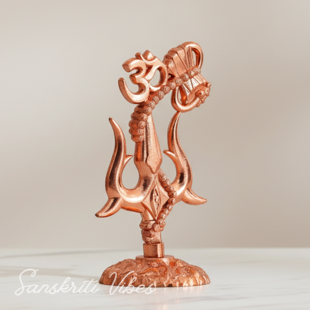 Metal Shiv Shakti Om Trishul Damru Rudraksha Symbol Idol Statue for Home Decor Mandir Temple Puja Meditation Vastu Showpiece Copper Finish 9.5 cm - Retail Maharaj