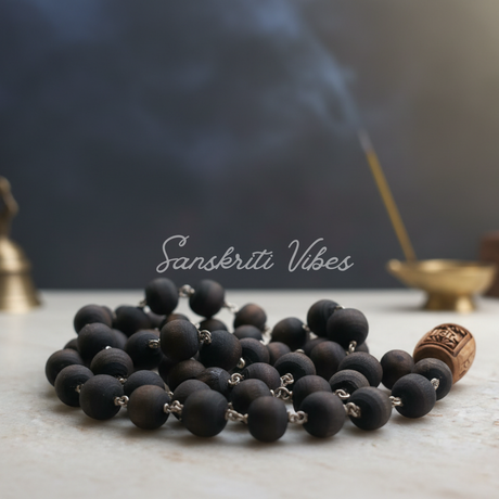 Shyama / Black Beads Silver Mala for Chanting and Wearing – Sacred Black Tulsi Beads with Silver Design - Retail Maharaj