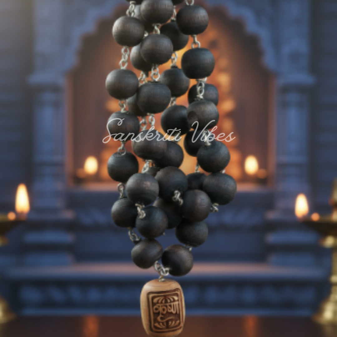 Shyama / Black Beads Silver Mala for Chanting and Wearing – Sacred Black Tulsi Beads with Silver Design - Retail Maharaj