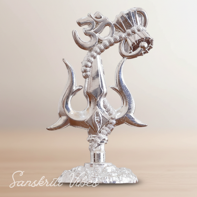 Metal Shiv Shakti Om Trishul Damru Rudraksha Symbol Idol Statue for Home Decor Mandir Puja Meditation Vastu Showpiece Antique Silver Finish 9.5 cm - Retail Maharaj