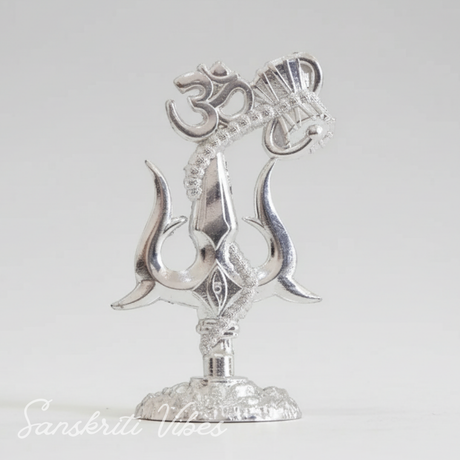 Metal Shiv Shakti Om Trishul Damru Rudraksha Symbol Idol Statue for Home Decor Mandir Puja Meditation Vastu Showpiece Antique Silver Finish 9.5 cm - Retail Maharaj