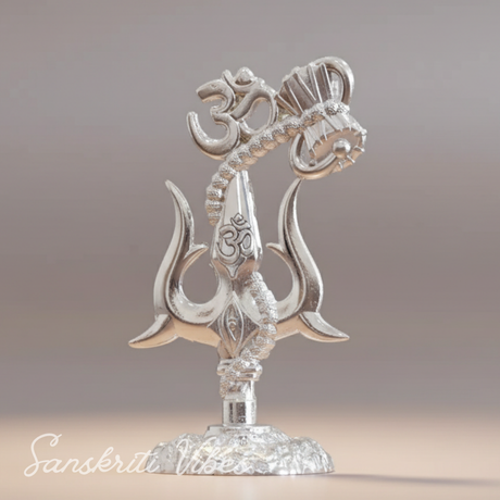 Metal Shiv Shakti Om Trishul Damru Rudraksha Symbol Idol Statue for Home Decor Mandir Puja Meditation Vastu Showpiece Antique Silver Finish 9.5 cm - Retail Maharaj