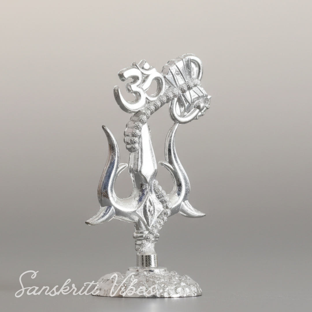 Metal Shiv Shakti Om Trishul Damru Rudraksha Symbol Idol Statue for Home Decor Mandir Puja Meditation Vastu Showpiece Antique Silver Finish 9.5 cm - Retail Maharaj