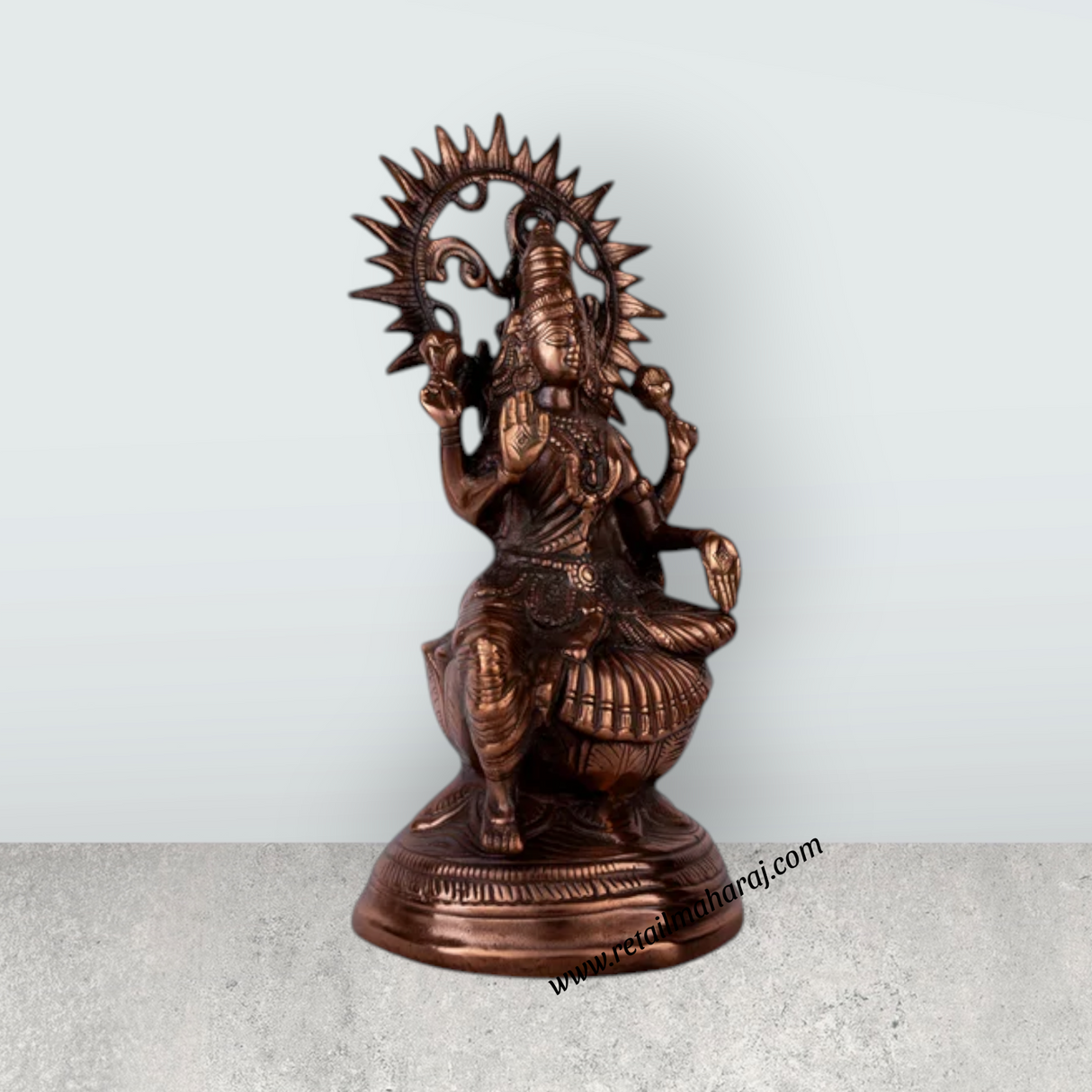 Lakshmi Idol Sitting On Base - 16 x 6 Inches | Copper Oxidised Laxmi Idol/ Laxmi Murti for Worship & Pooja - Retail Maharaj