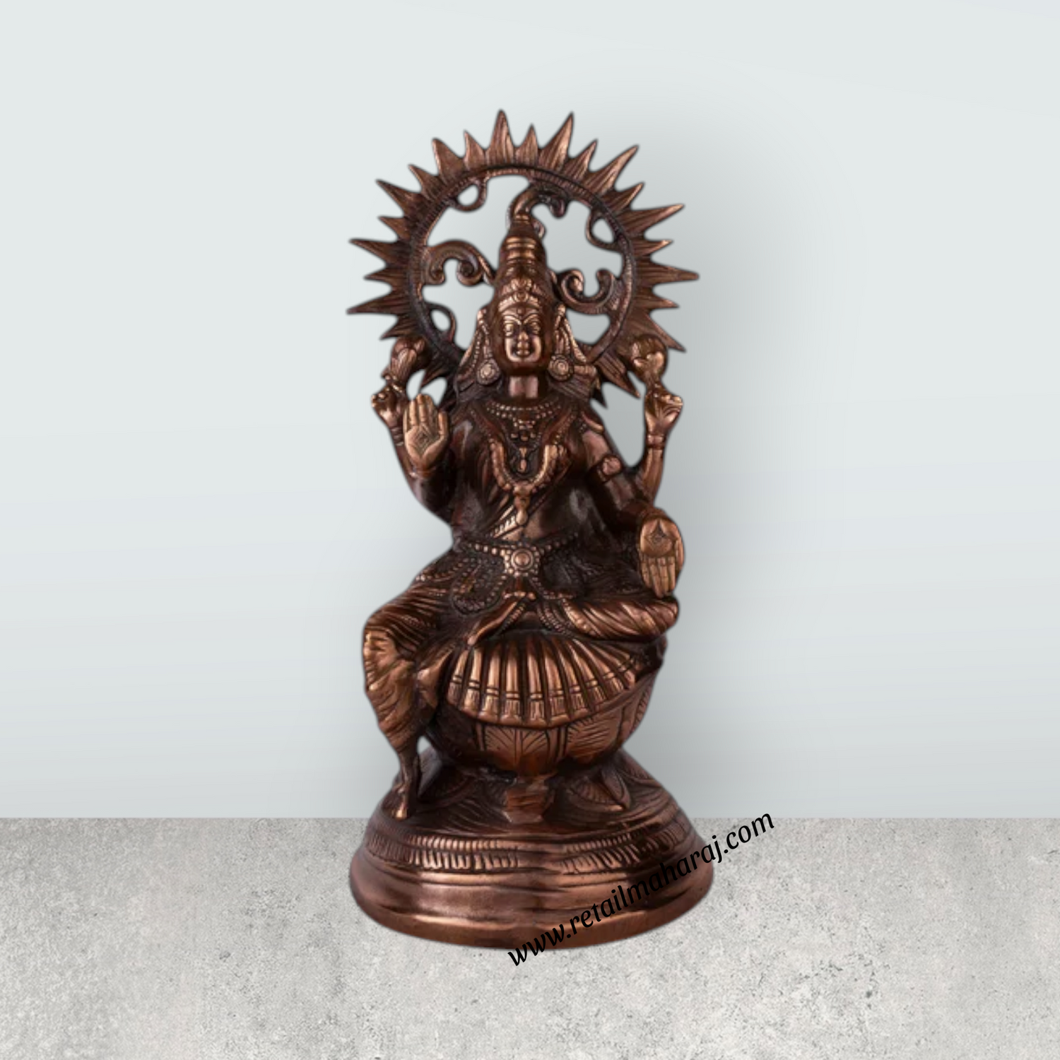 Lakshmi Idol Sitting On Base - 16 x 6 Inches | Copper Oxidised Laxmi Idol/ Laxmi Murti for Worship & Pooja - Retail Maharaj