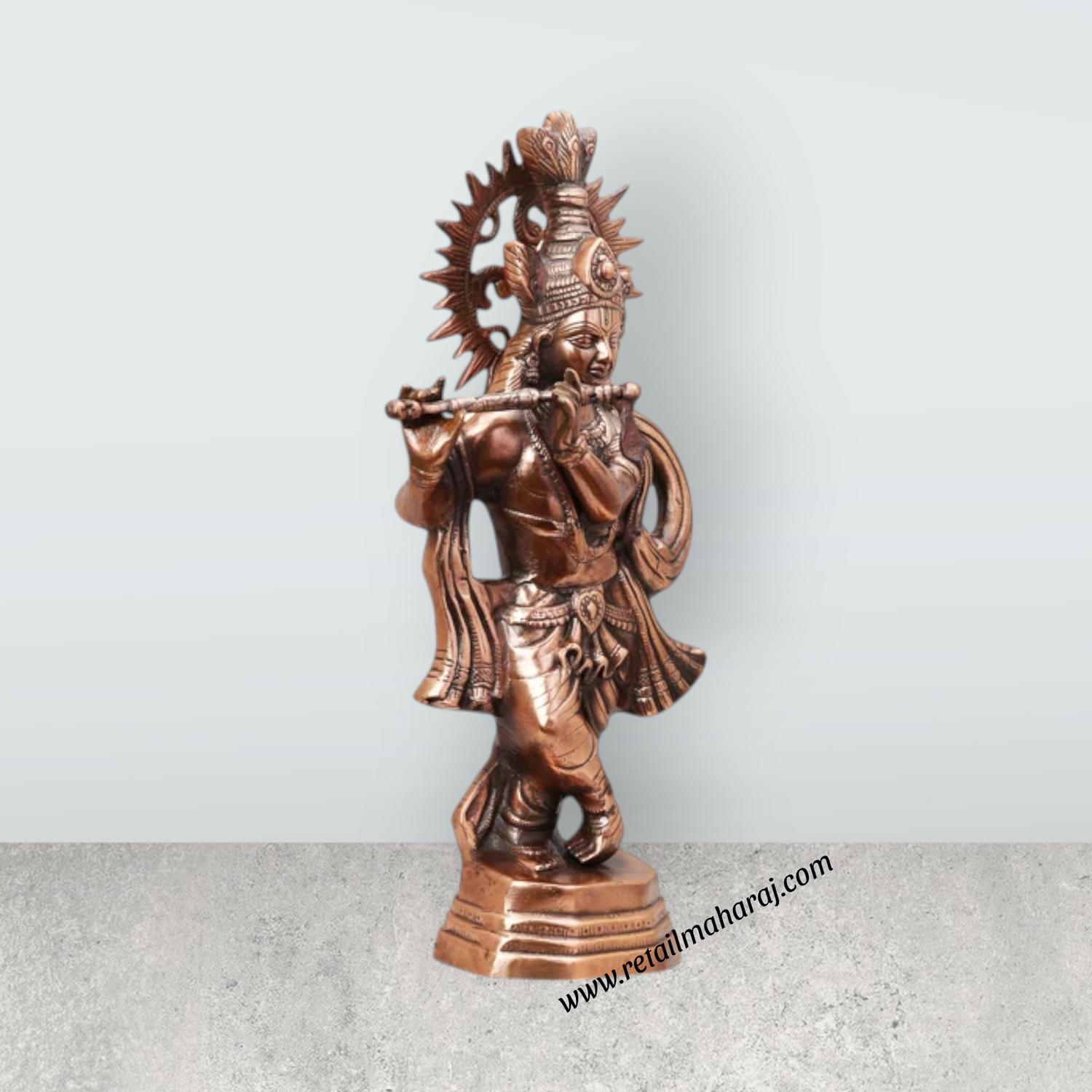 Krishna Murti Standing On Base - 22 x 11 Inches | Copper Oxidised Standing Krishna Idol for Pooja - Retail Maharaj
