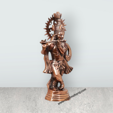 Krishna Murti Standing On Base - 22 x 11 Inches | Copper Oxidised Standing Krishna Idol for Pooja - Retail Maharaj
