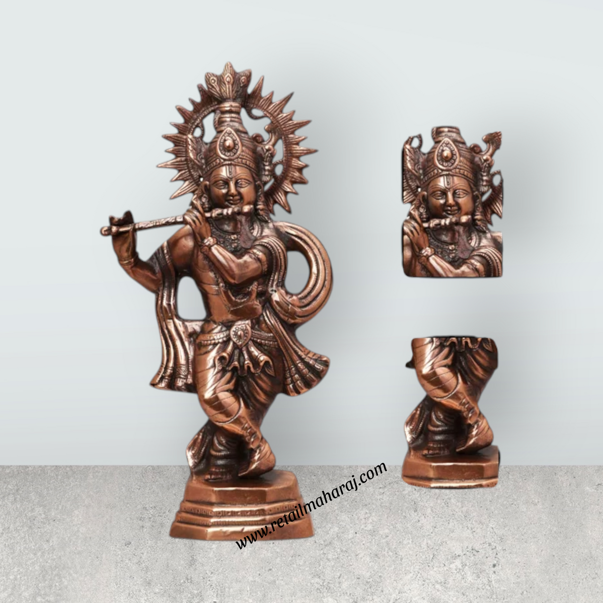 Krishna Murti Standing On Base - 22 x 11 Inches | Copper Oxidised Standing Krishna Idol for Pooja - Retail Maharaj