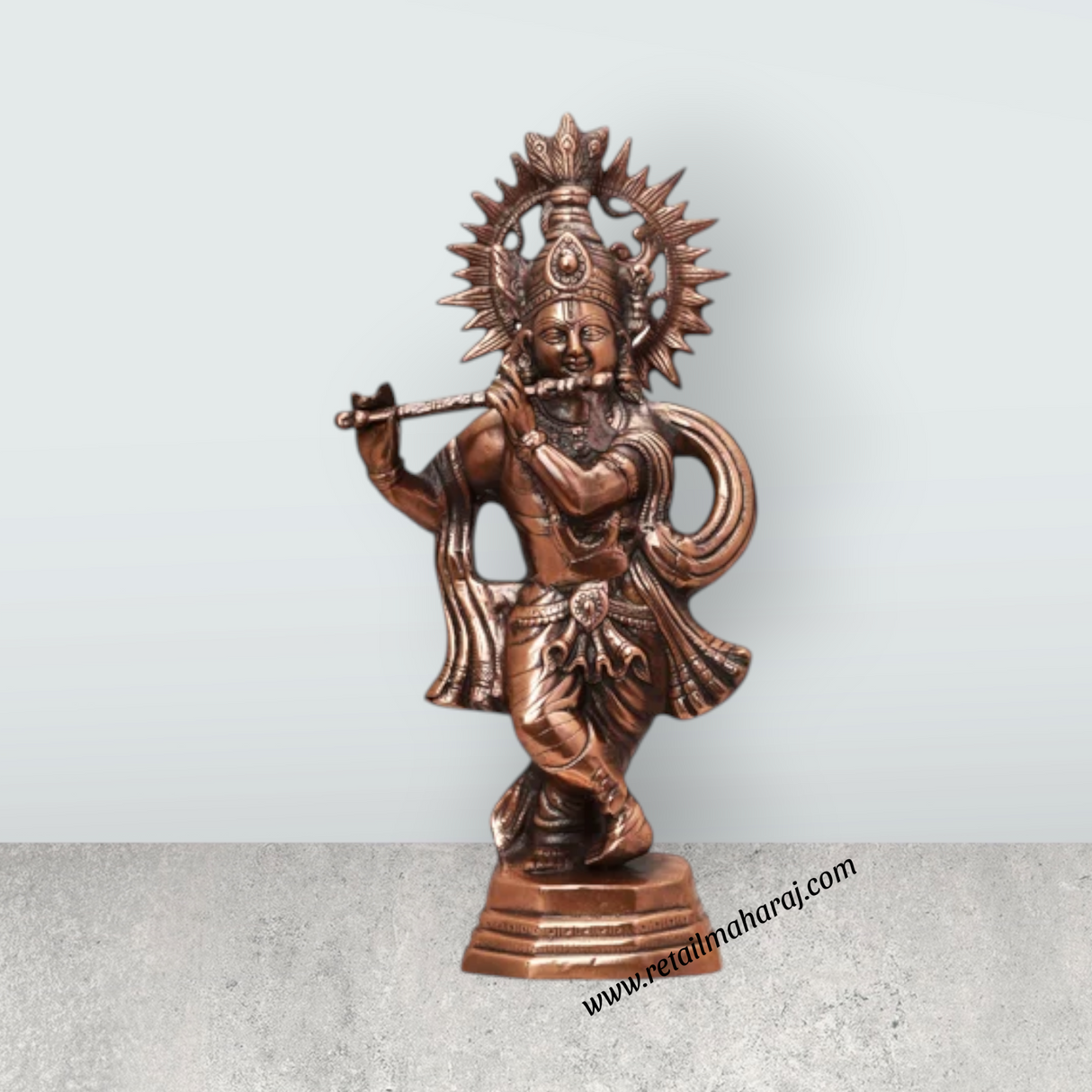 Krishna Murti Standing On Base - 22 x 11 Inches | Copper Oxidised Standing Krishna Idol for Pooja - Retail Maharaj