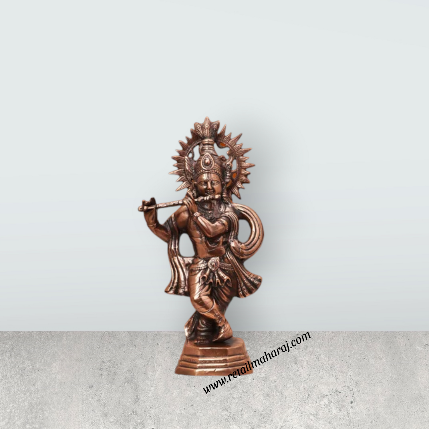 Krishna Murti Standing On Base - 22 x 11 Inches | Copper Oxidised Standing Krishna Idol for Pooja - Retail Maharaj