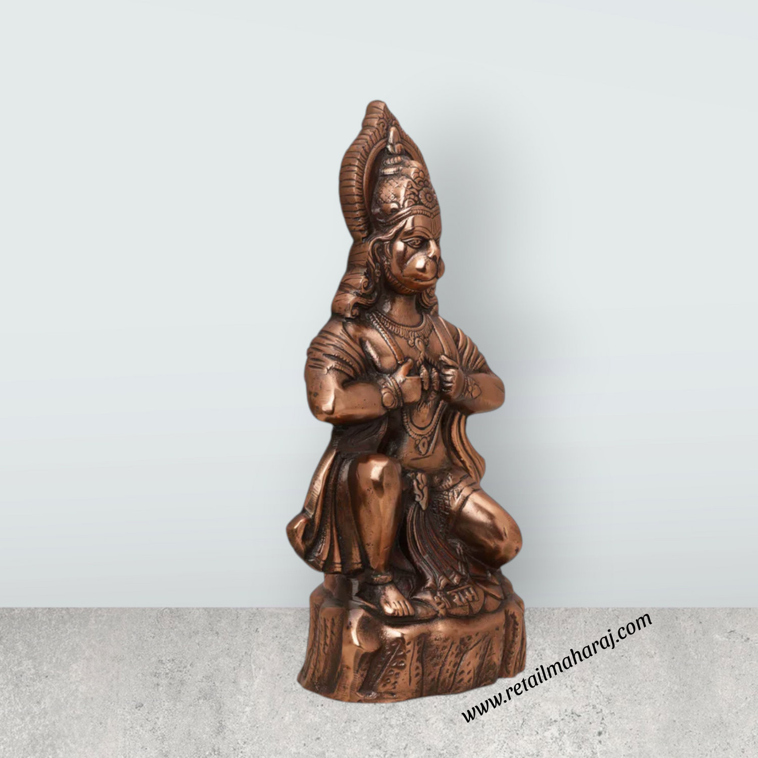Anjaneya Statue Mandir On Base - 16 x 9 Inches | Hanuman Statue/ Copper Oxidised Hanuman Murti for Pooja - Retail Maharaj