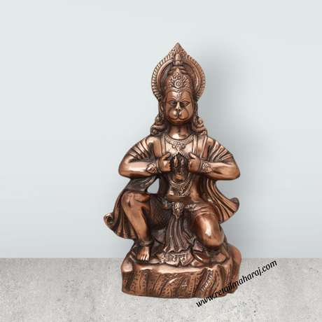 Anjaneya Statue Mandir On Base - 16 x 9 Inches | Hanuman Statue/ Copper Oxidised Hanuman Murti for Pooja - Retail Maharaj