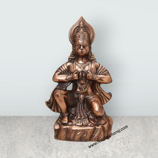 Anjaneya Statue Mandir On Base - 16 x 9 Inches | Hanuman Statue/ Copper Oxidised Hanuman Murti for Pooja - Retail Maharaj