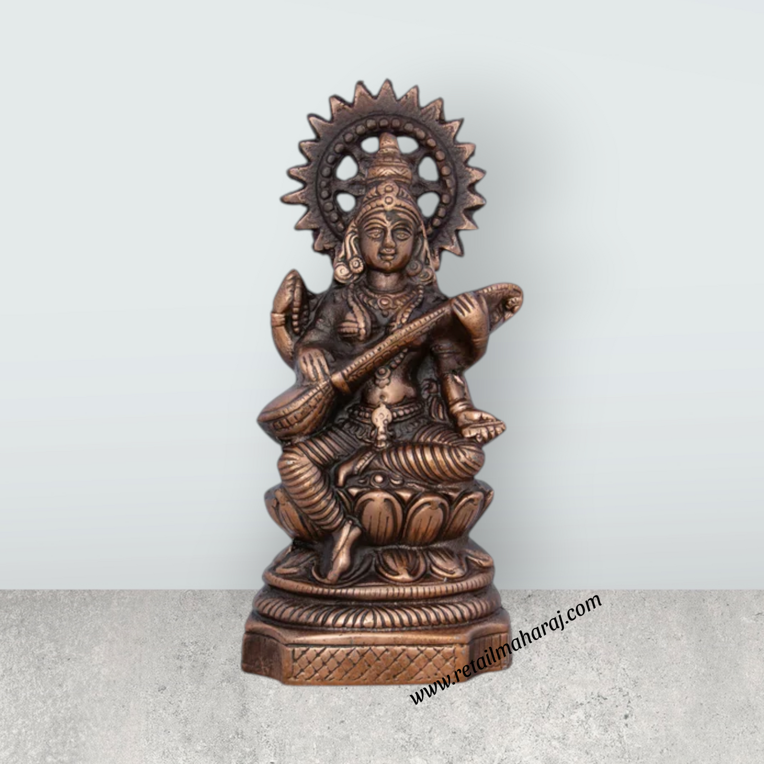 Saraswati Murti - 9.5 x 4.5 Inches | Copper Oxidised Saraswati Idol/ Saraswati Moorti for Pooja/ 470 Gms Approx - Retail Maharaj