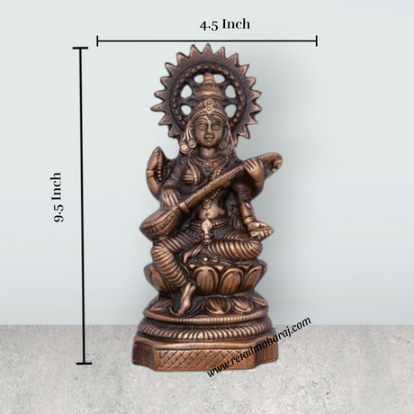 Saraswati Murti - 9.5 x 4.5 Inches | Copper Oxidised Saraswati Idol/ Saraswati Moorti for Pooja/ 470 Gms Approx - Retail Maharaj