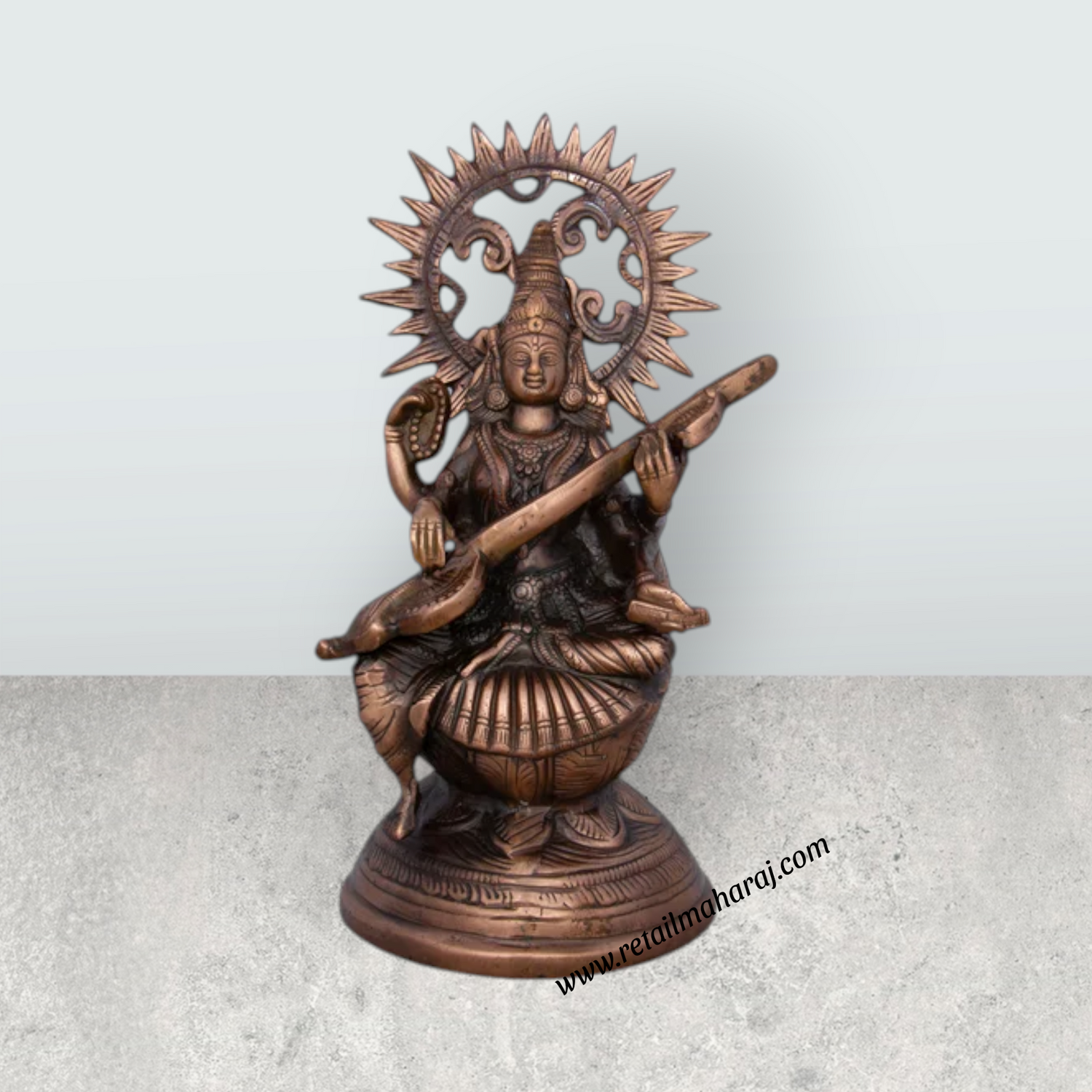 Saraswati Murti - 14 x 8 Inches | Copper Oxidised Saraswati Idol/ Saraswati Moorti for Pooja/ 1.150 Kgs Approx - Retail Maharaj