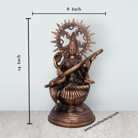 Saraswati Murti - 14 x 8 Inches | Copper Oxidised Saraswati Idol/ Saraswati Moorti for Pooja/ 1.150 Kgs Approx - Retail Maharaj