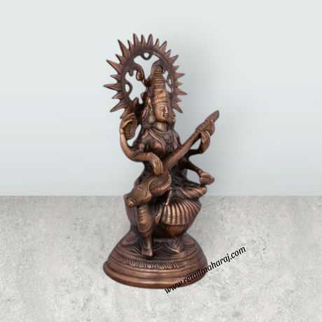 Saraswati Murti - 14 x 8 Inches | Copper Oxidised Saraswati Idol/ Saraswati Moorti for Pooja/ 1.150 Kgs Approx - Retail Maharaj