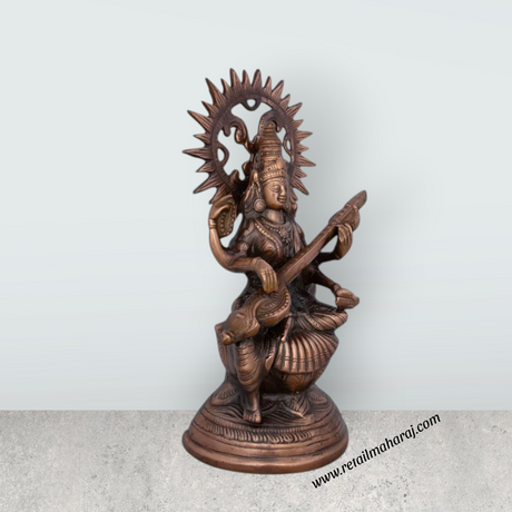 Saraswati Murti - 14 x 8 Inches | Copper Oxidised Saraswati Idol/ Saraswati Moorti for Pooja/ 1.150 Kgs Approx - Retail Maharaj