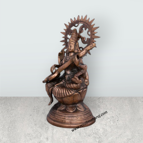 Saraswati Murti - 14 x 8 Inches | Copper Oxidised Saraswati Idol/ Saraswati Moorti for Pooja/ 1.150 Kgs Approx - Retail Maharaj