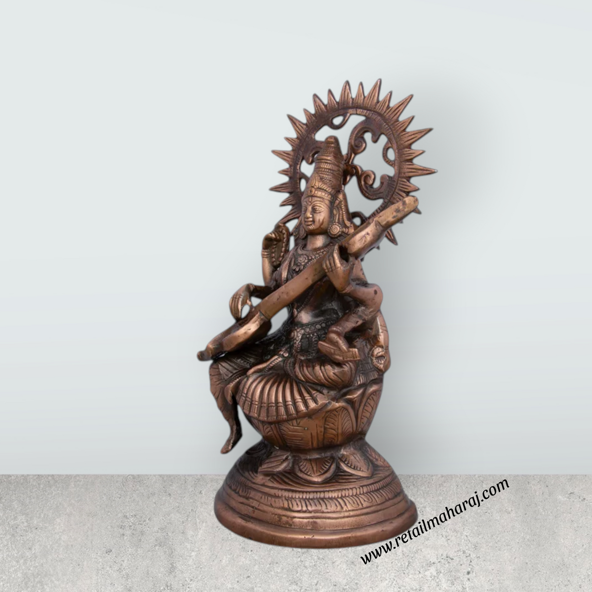 Saraswati Murti - 14 x 8 Inches | Copper Oxidised Saraswati Idol/ Saraswati Moorti for Pooja/ 1.150 Kgs Approx - Retail Maharaj