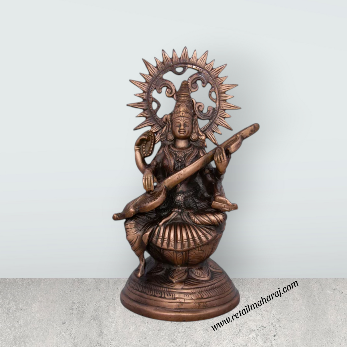 Saraswati Murti - 14 x 8 Inches | Copper Oxidised Saraswati Idol/ Saraswati Moorti for Pooja/ 1.150 Kgs Approx - Retail Maharaj