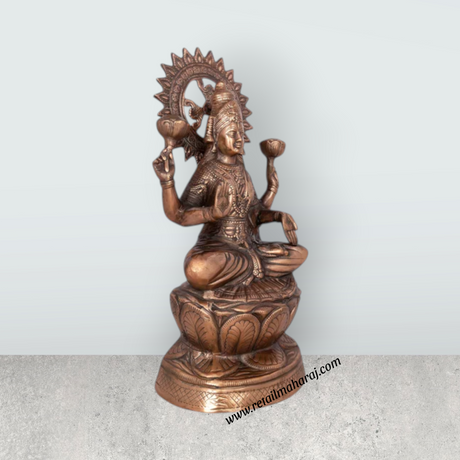 Lakshmi Idol Sitting On Lotus - 24 x 12 Inches | Copper Oxidised Laxmi Idol/ Laxmi Murti for Pooja/ 4.340 Kgs - Retail Maharaj