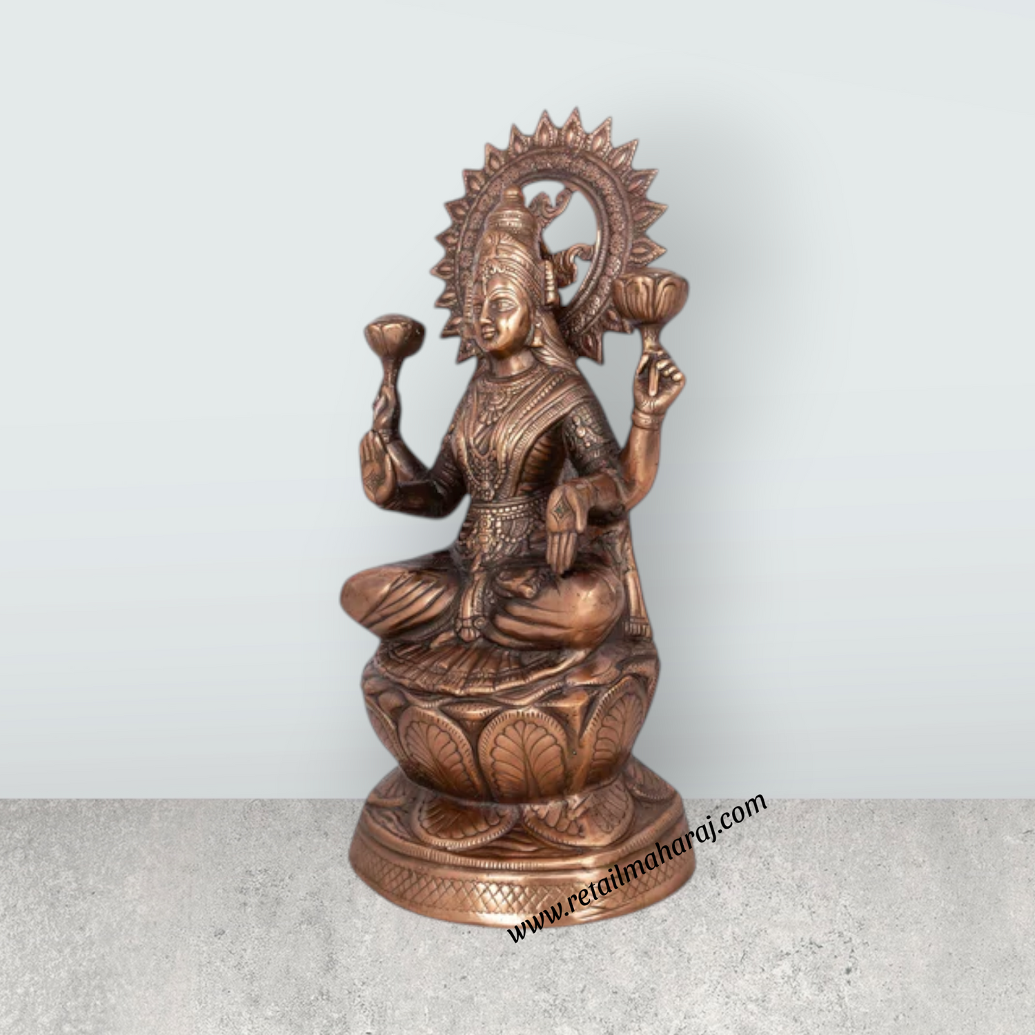 Lakshmi Idol Sitting On Lotus - 24 x 12 Inches | Copper Oxidised Laxmi Idol/ Laxmi Murti for Pooja/ 4.340 Kgs - Retail Maharaj