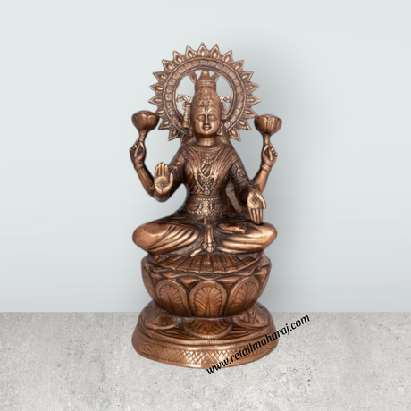 Lakshmi Idol Sitting On Lotus - 24 x 12 Inches | Copper Oxidised Laxmi Idol/ Laxmi Murti for Pooja/ 4.340 Kgs - Retail Maharaj