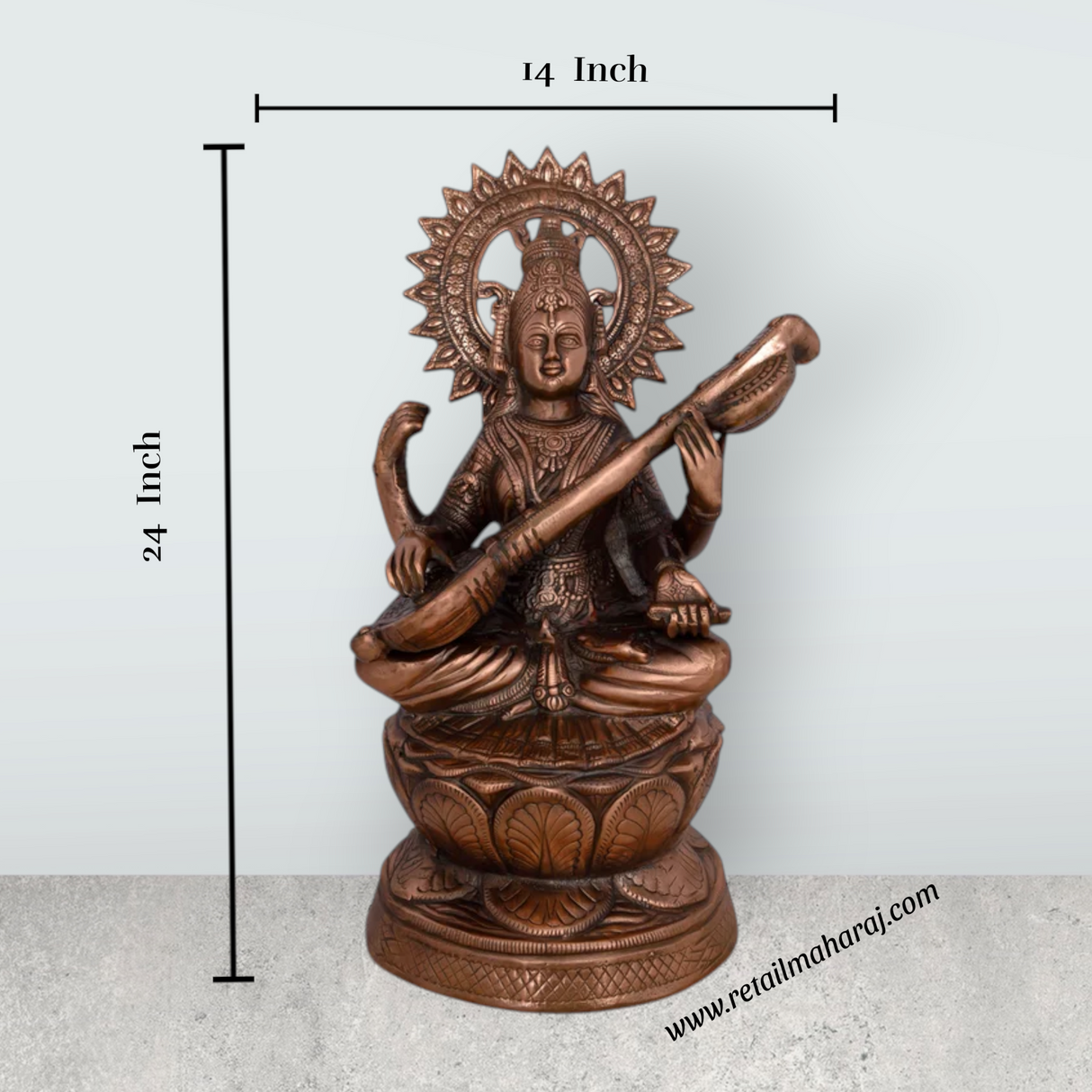 Saraswati Murti Sitting On Lotus - 24 x 14 Inches | Copper Oxidised Saraswati Idol/ Saraswathy Idol for Pooja - Retail Maharaj