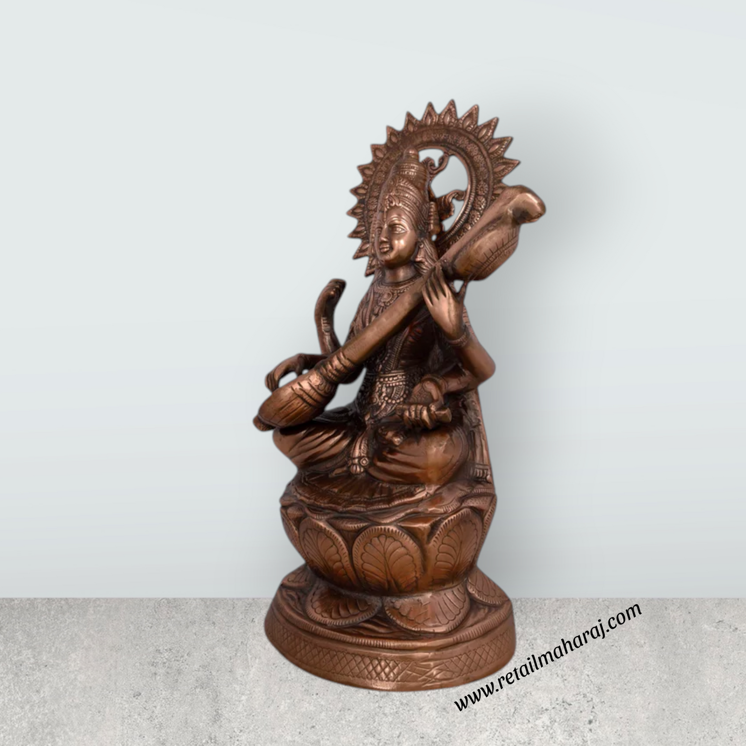Saraswati Murti Sitting On Lotus - 24 x 14 Inches | Copper Oxidised Saraswati Idol/ Saraswathy Idol for Pooja - Retail Maharaj