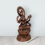 Saraswati Murti Sitting On Lotus - 24 x 14 Inches | Copper Oxidised Saraswati Idol/ Saraswathy Idol for Pooja - Retail Maharaj