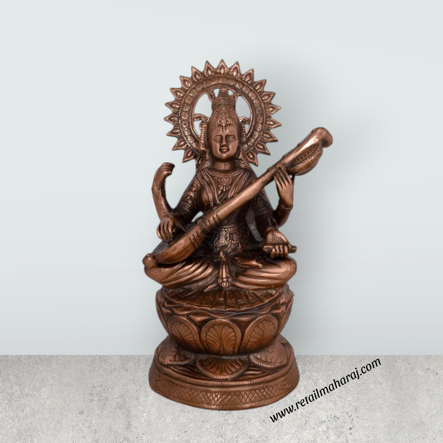 Saraswati Murti Sitting On Lotus - 24 x 14 Inches | Copper Oxidised Saraswati Idol/ Saraswathy Idol for Pooja - Retail Maharaj