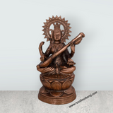 Saraswati Murti Sitting On Lotus - 24 x 14 Inches | Copper Oxidised Saraswati Idol/ Saraswathy Idol for Pooja - Retail Maharaj