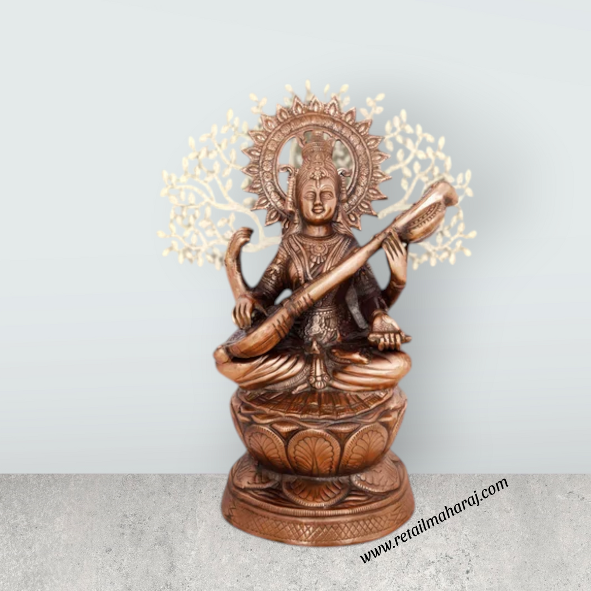 Saraswati Murti Sitting On Lotus - 24 x 14 Inches | Copper Oxidised Saraswati Idol/ Saraswathy Idol for Pooja - Retail Maharaj