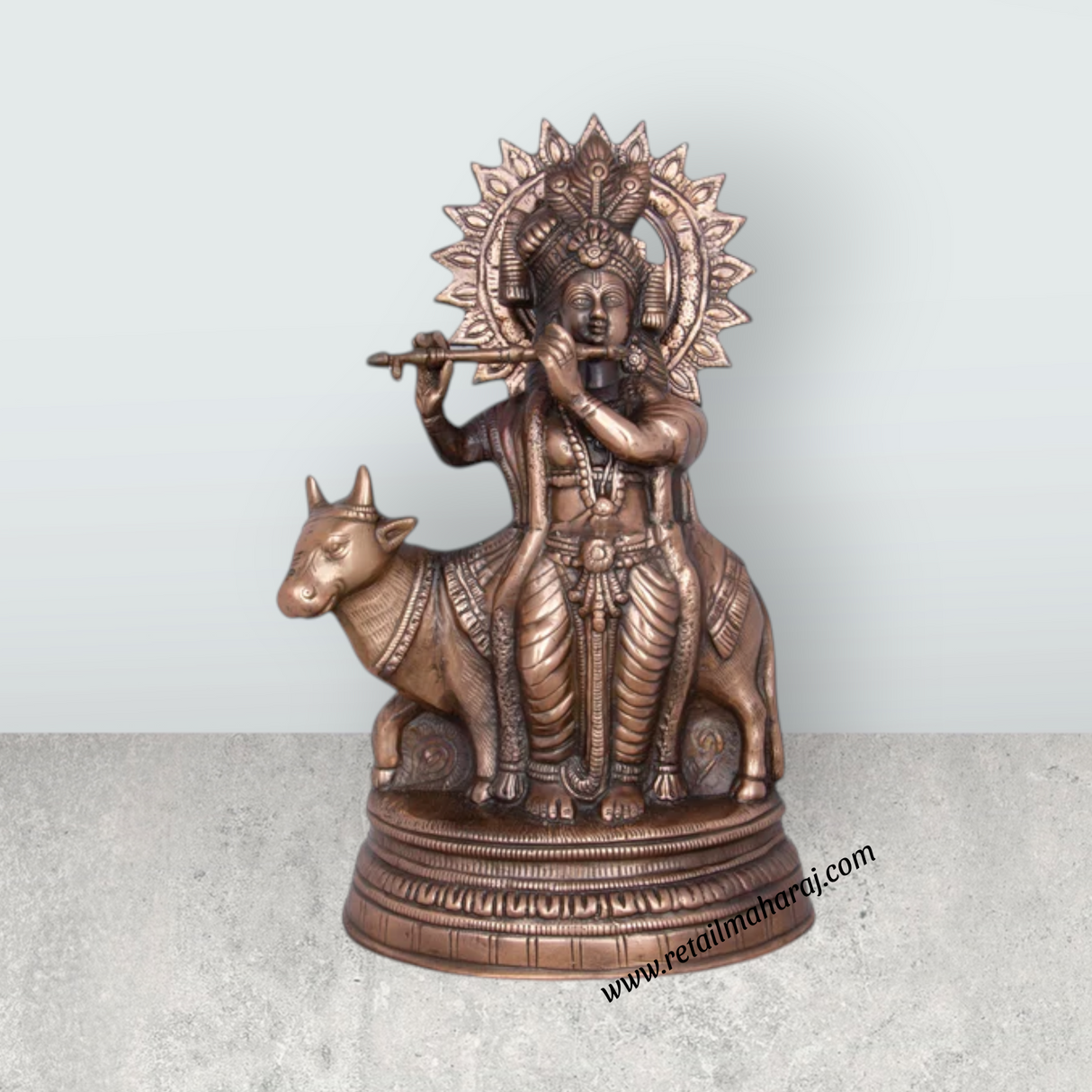 Cow Krishna Murti - 20 x 12 Inches | Copper Oxidised Cow Krishna Statue/ Krishna Idol for Pooja/ 2.800 Kgs - Retail Maharaj