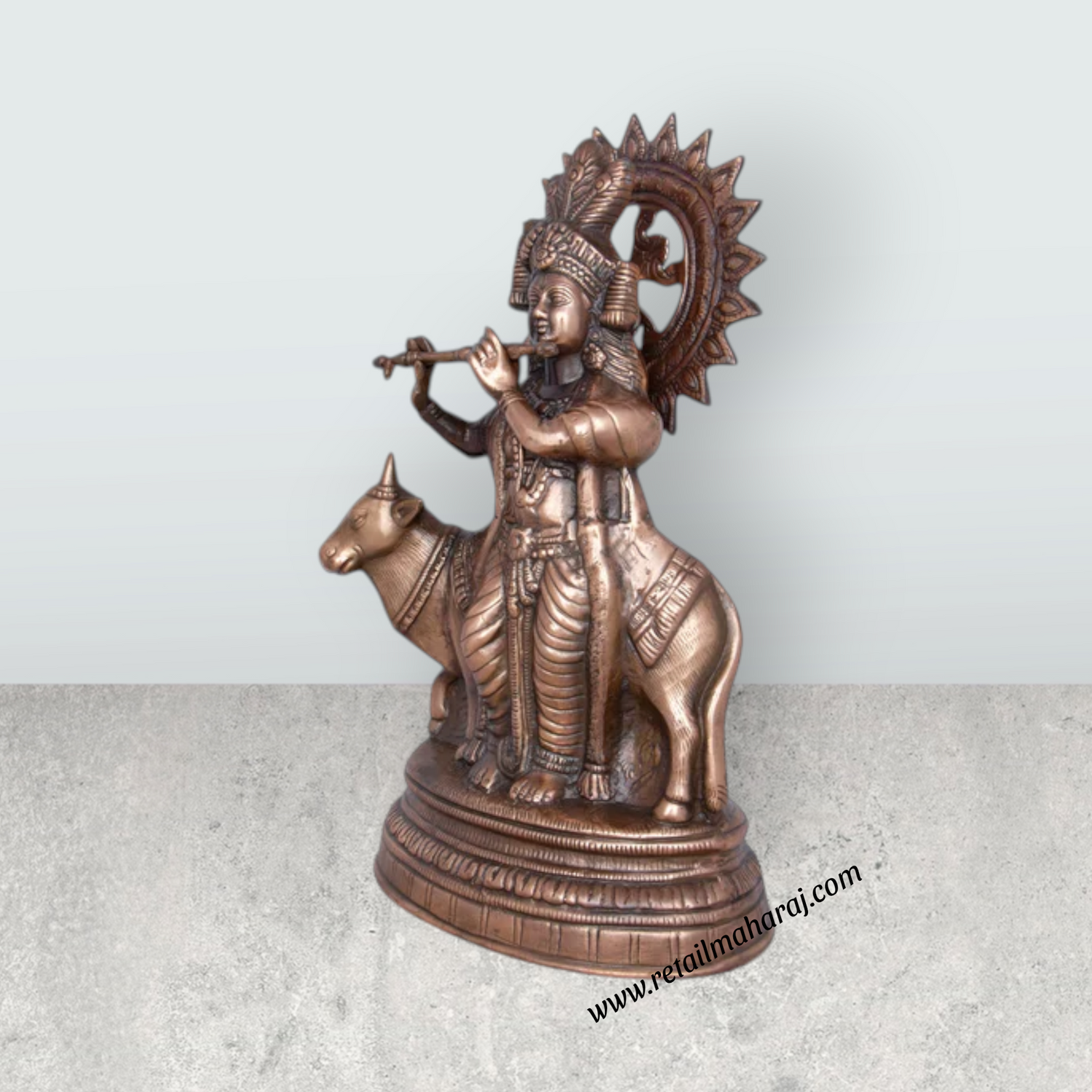 Cow Krishna Murti - 20 x 12 Inches | Copper Oxidised Cow Krishna Statue/ Krishna Idol for Pooja/ 2.800 Kgs - Retail Maharaj