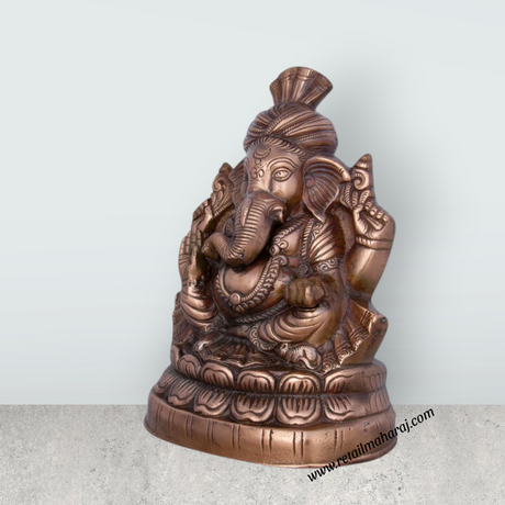 Pagdi Ganesh Murti - 13.5 x 10 Inches | Copper Oxidised Ganpati Idol/ Vinayaka Statue for Pooja/ 1.395 Kgs - Retail Maharaj