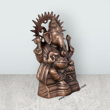 Laddu Ganesh Murti – 13 x 8 Inches Copper Oxidised Ganpati Idol for Pooja - Retail Maharaj