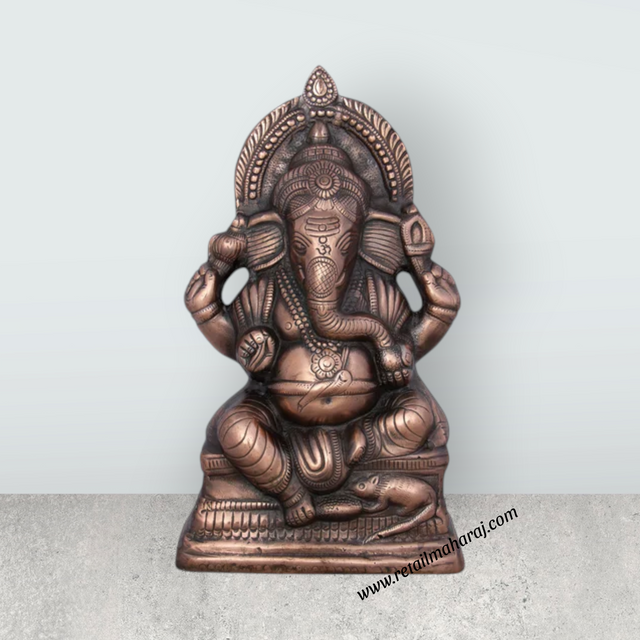 Ganesh Murti - 14 x 8 Inches | Copper Oxidised Ganpati Idol/ Vinayaka Statue for Pooja/ 1.400 Kgs Approx - Retail Maharaj