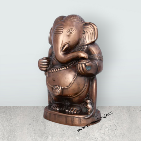 Appu Ganesh Murti - 12 x 7 Inches | Copper Oxidised Ganpati Idol/ Vinayaka Statue for Pooja/ 1.460 Kgs Approx - Retail Maharaj