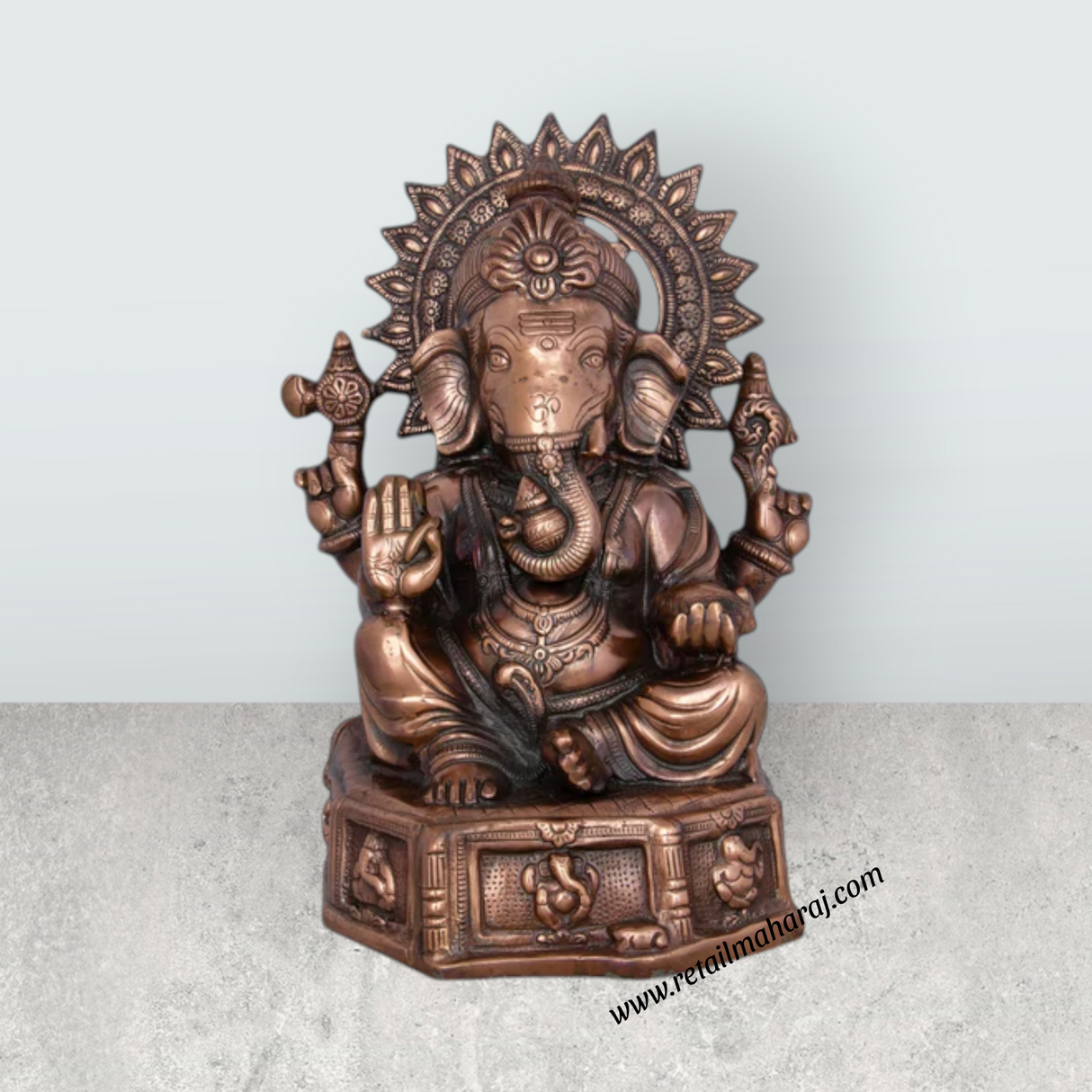 Ganesh Murti With Base - 17 x 12 Inches | Copper Oxidised Ganpati Idol/ Vinayaka Statue for Pooja/ 2.680 Kgs - Retail Maharaj