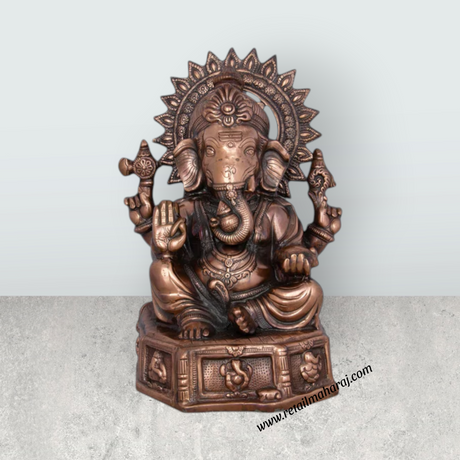 Ganesh Murti With Base - 17 x 12 Inches | Copper Oxidised Ganpati Idol/ Vinayaka Statue for Pooja/ 2.680 Kgs - Retail Maharaj