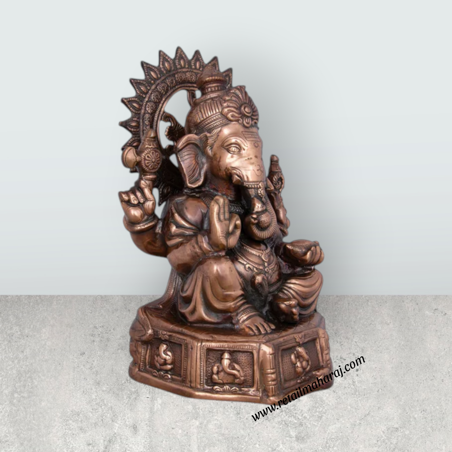 Ganesh Murti With Base - 17 x 12 Inches | Copper Oxidised Ganpati Idol/ Vinayaka Statue for Pooja/ 2.680 Kgs - Retail Maharaj