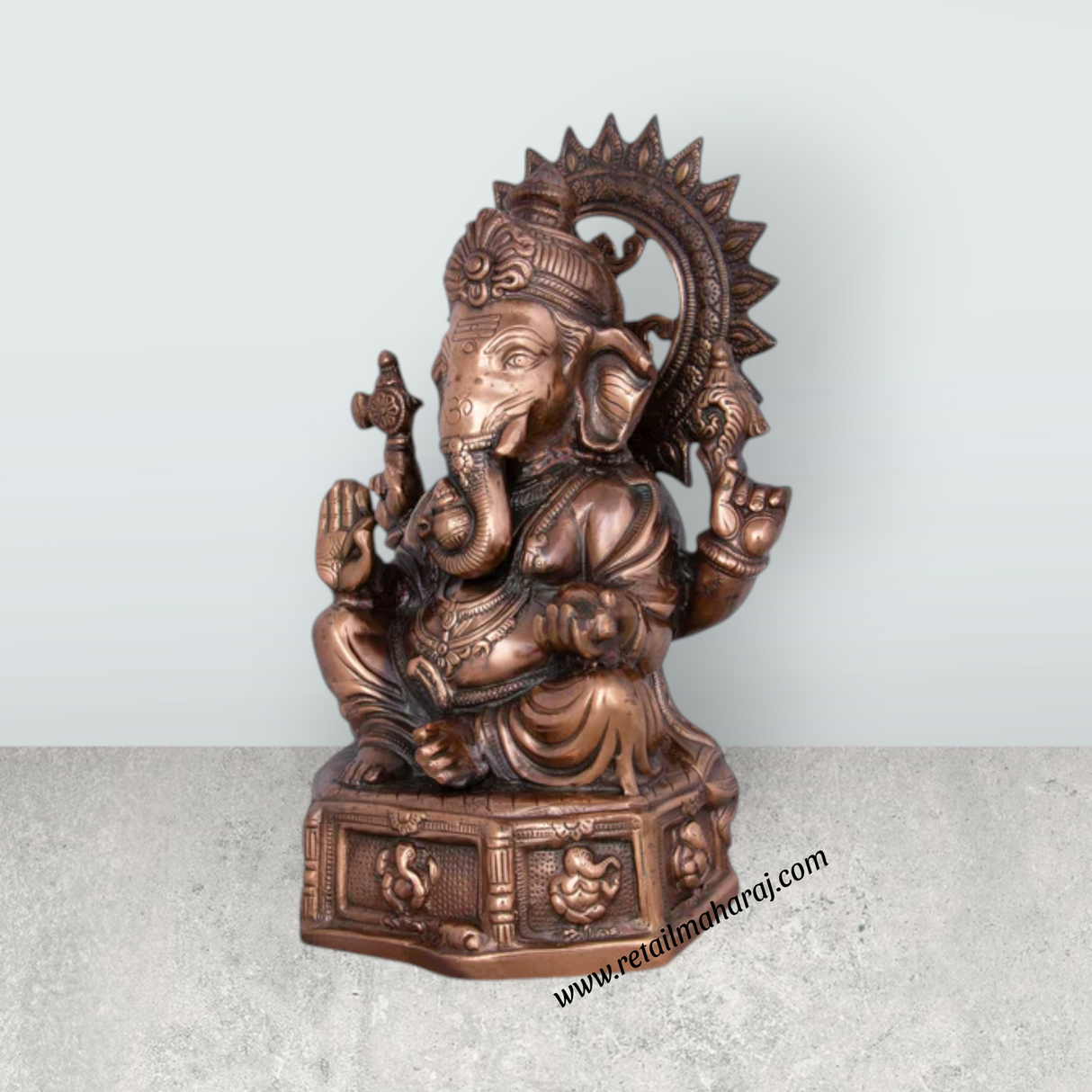 Ganesh Murti With Base - 17 x 12 Inches | Copper Oxidised Ganpati Idol/ Vinayaka Statue for Pooja/ 2.680 Kgs - Retail Maharaj
