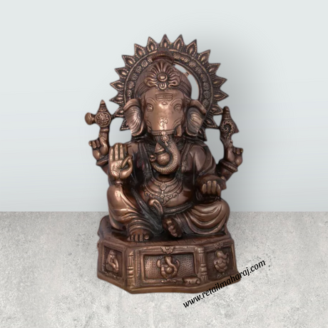 Ganesh Murti With Base - 17 x 12 Inches | Copper Oxidised Ganpati Idol/ Vinayaka Statue for Pooja/ 2.680 Kgs - Retail Maharaj