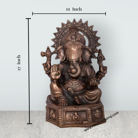 Ganesh Murti With Base - 17 x 12 Inches | Copper Oxidised Ganpati Idol/ Vinayaka Statue for Pooja/ 2.680 Kgs - Retail Maharaj